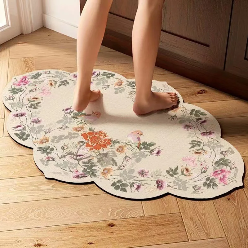 

French Retro Flower And Bird Printing Crystal Velvet Irregular Carpet Corridor Entrance Door Mat Cloakroom Carpet