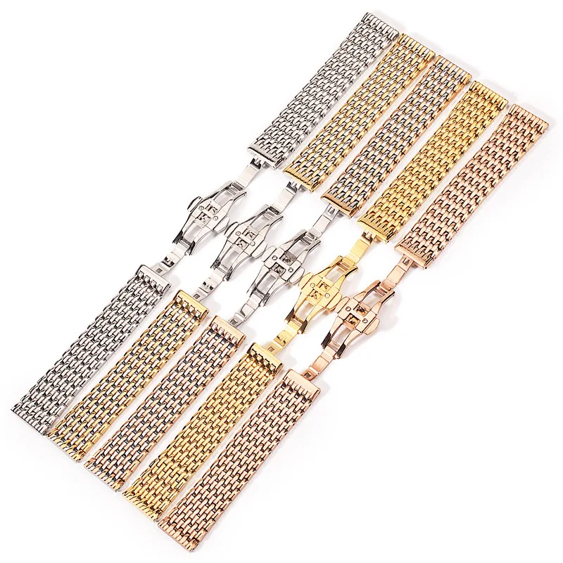18MM 20MM 22MM Stainless Steel Universal All steel solid strap 316L steel nine bead Of Rice Silver Gold Watch Band Bracelet