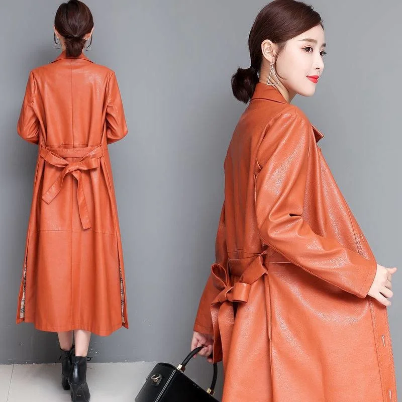 

Fur Leather Coat Women's Mid-length Leather Faux Coat Fashion Korean Trench Coat Autumn Winter Slim Belt Leather Jacket Zm1459