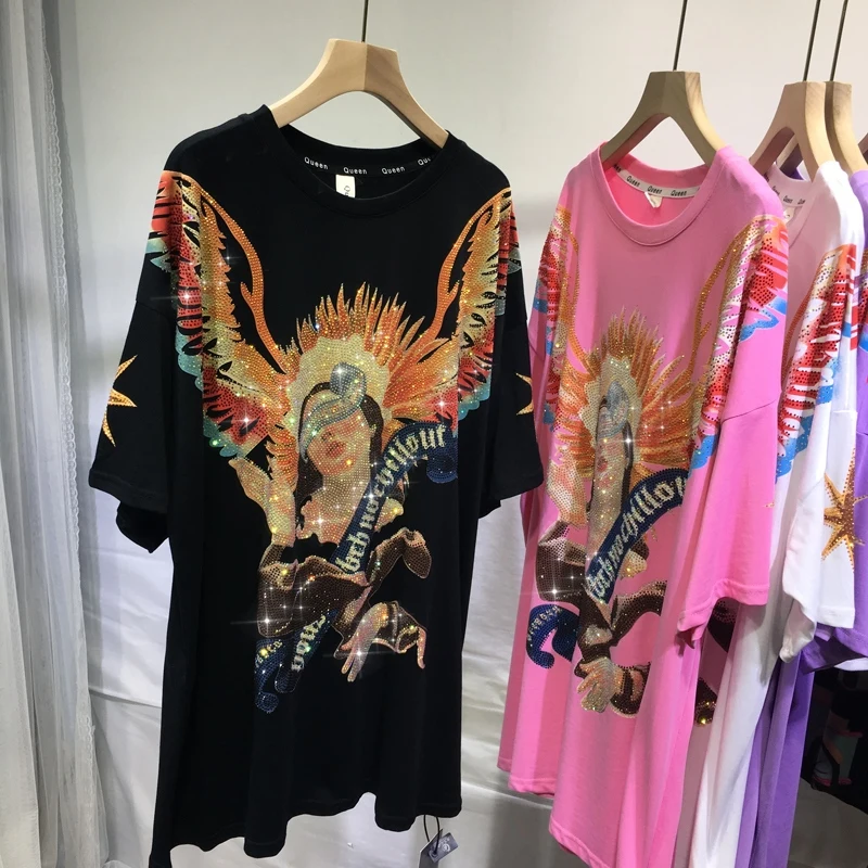 

Luxury Hot Drilling Summer Women Clothes Black Short Sleeve T-shirt New Colorful Big Wings Rhinestones Mid-length Trendy Tops