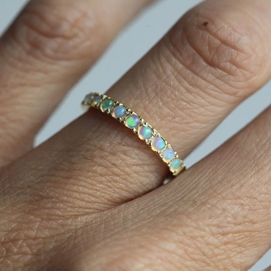 

2mm Elegant and Simple Half Eternity Ring with Opal Cabochons 14K 18K Rose Gold Engagement Wedding Ring Gift