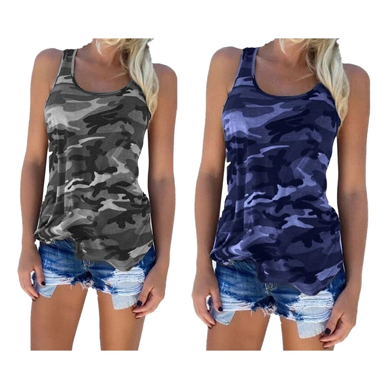 

NEW-2Pcs Women's Summer Camouflage Fashion Wild Sleeveless Vest T-Shirt Dark Blue XL Size & Gray XXL Size