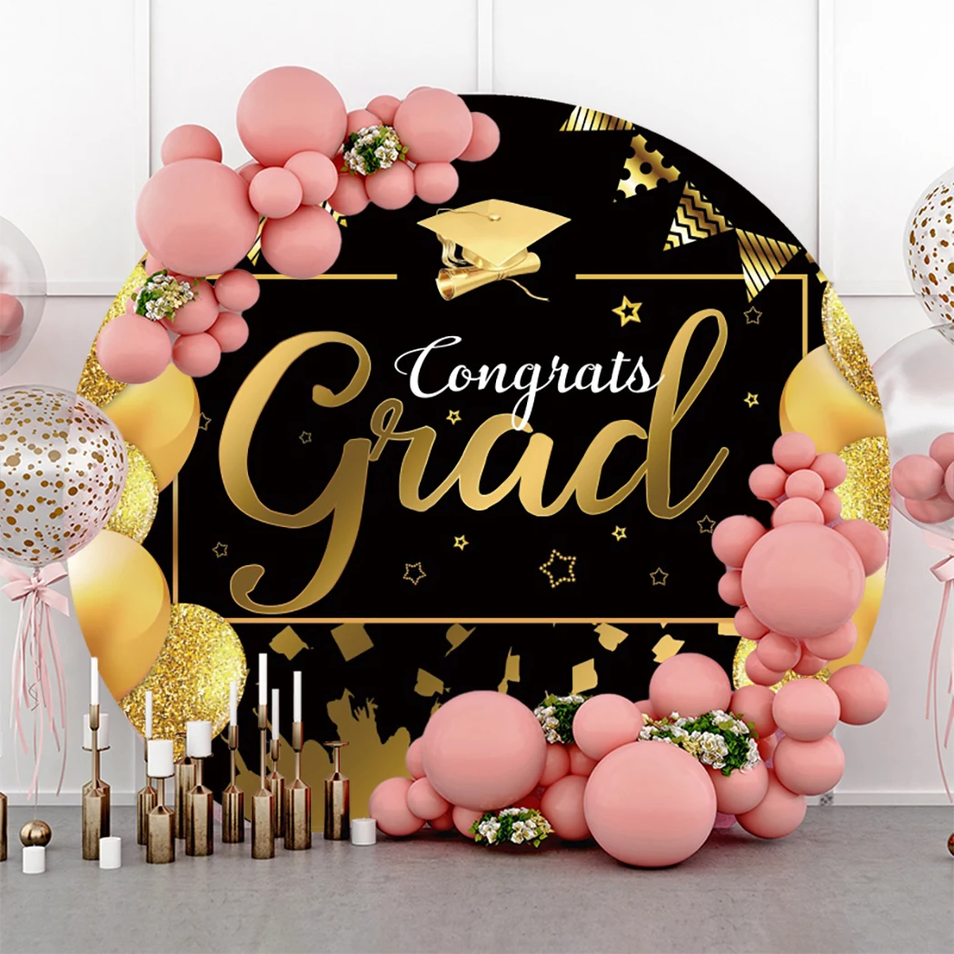

Laeacco Circle Round Backdrop Grad Graduation Party Golden Balloons Hats Decoration Background Photo Booth Graduated Banner