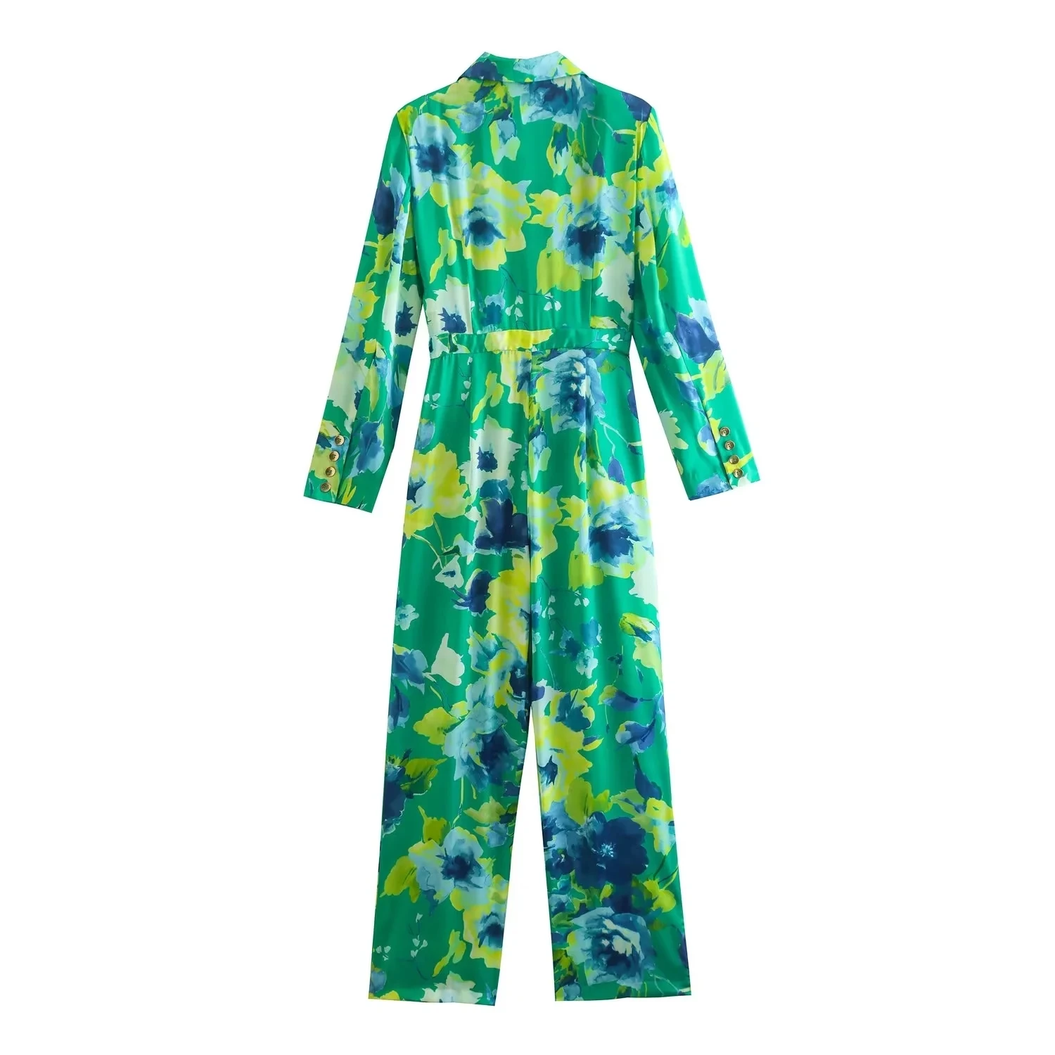 Jenny&Dave England Style Fashion Floral Print Notched Fashion Jumpsuits Loose Straight Casual Dungaree Women