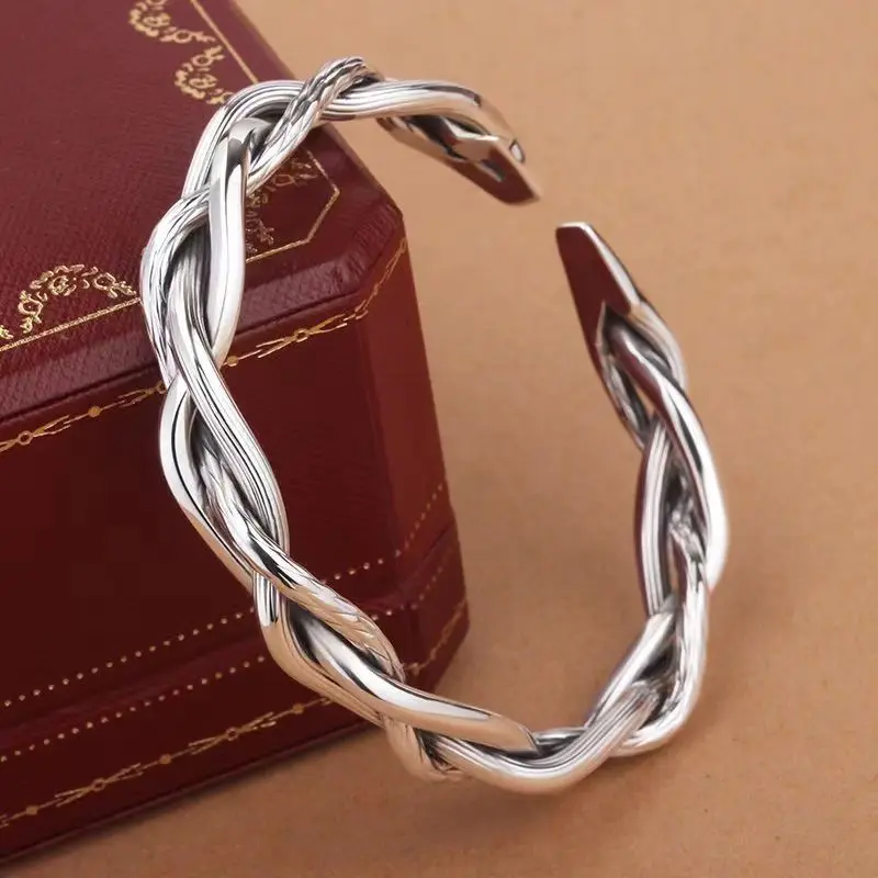 

Retro Silver-Plated Handmade Twist Twisted Wire Braided Cuff Bracelet Men and Women Bangles Fashion Casual Jewelry