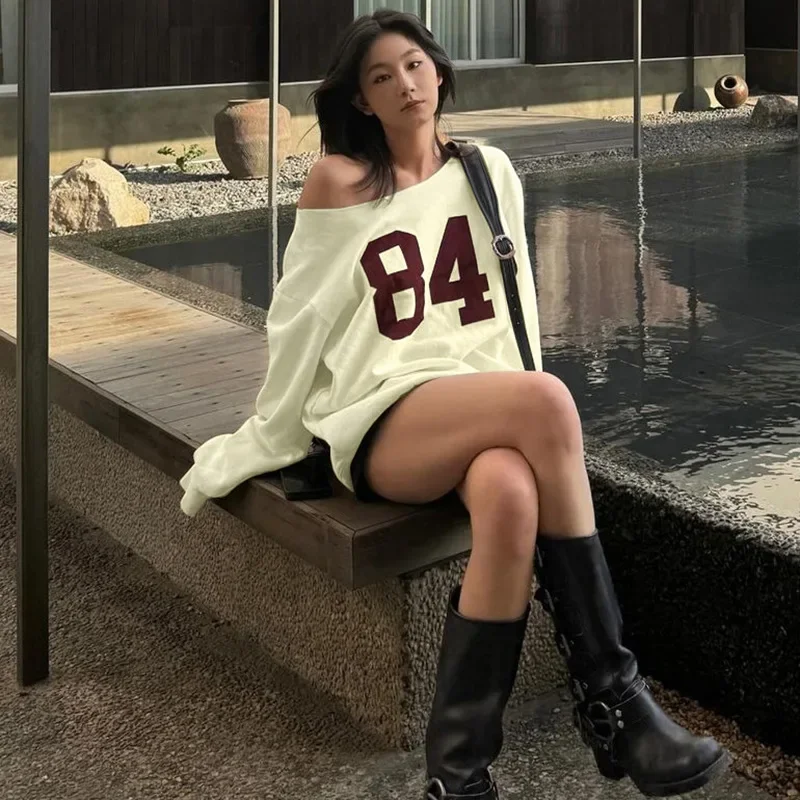 XIZOU зимние толстовки с наклонными плечами и цифровой графикой женские 2024