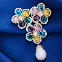 new copper inlaid zircon flower pearl brooch color temperament female pin creative elegant silk scarf buckle wedding accessories