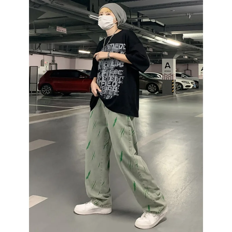 Men Street Dance Wide Legs Baggy Jeans Korean Version  Fashion Green Loose Denim Pants Male Rap Hip Hop Jeans Plus Size S-3XL