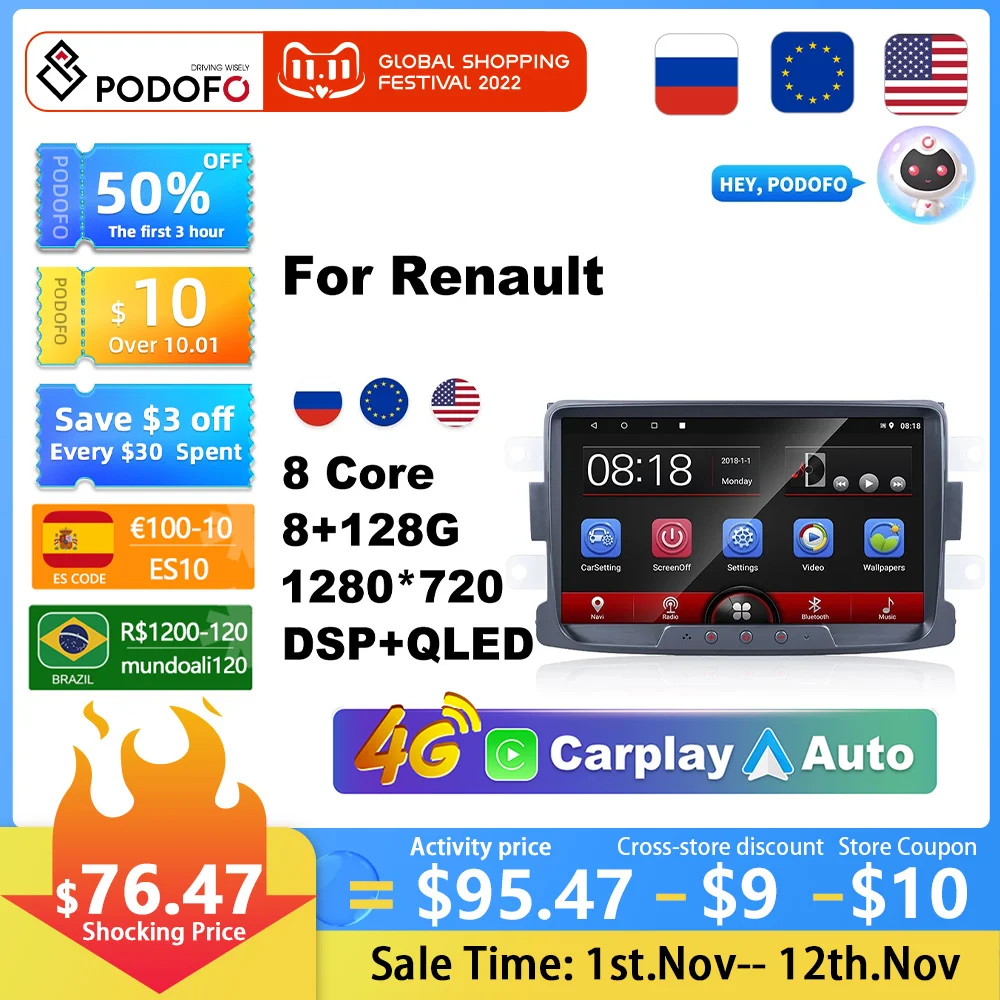 

Podofo Android 10 Car Radio 8G+128G WIFI 4G 8 Cores Ai Voice Carplay GPS 8 Inch 2 Din DSP For Dacia Sandero/Duster/Dokker/Logan