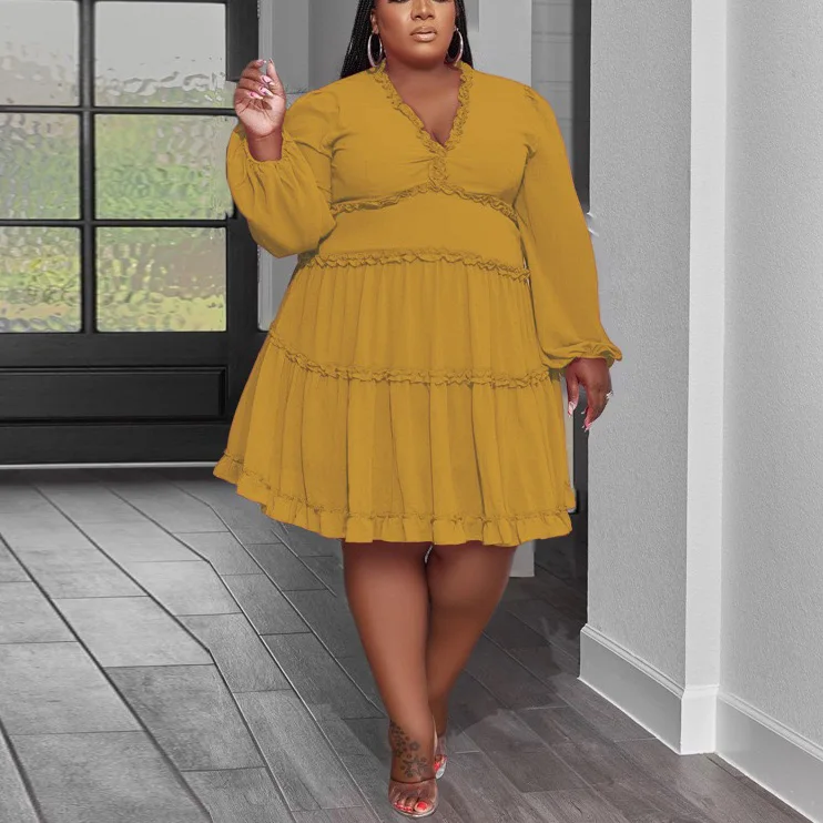 4XL 5XL Plus Size Dresses for Women Large Solid Full Sleeve V Neck High Waisted Elegant Evening Party Dinner Vestidos Mujer Big
