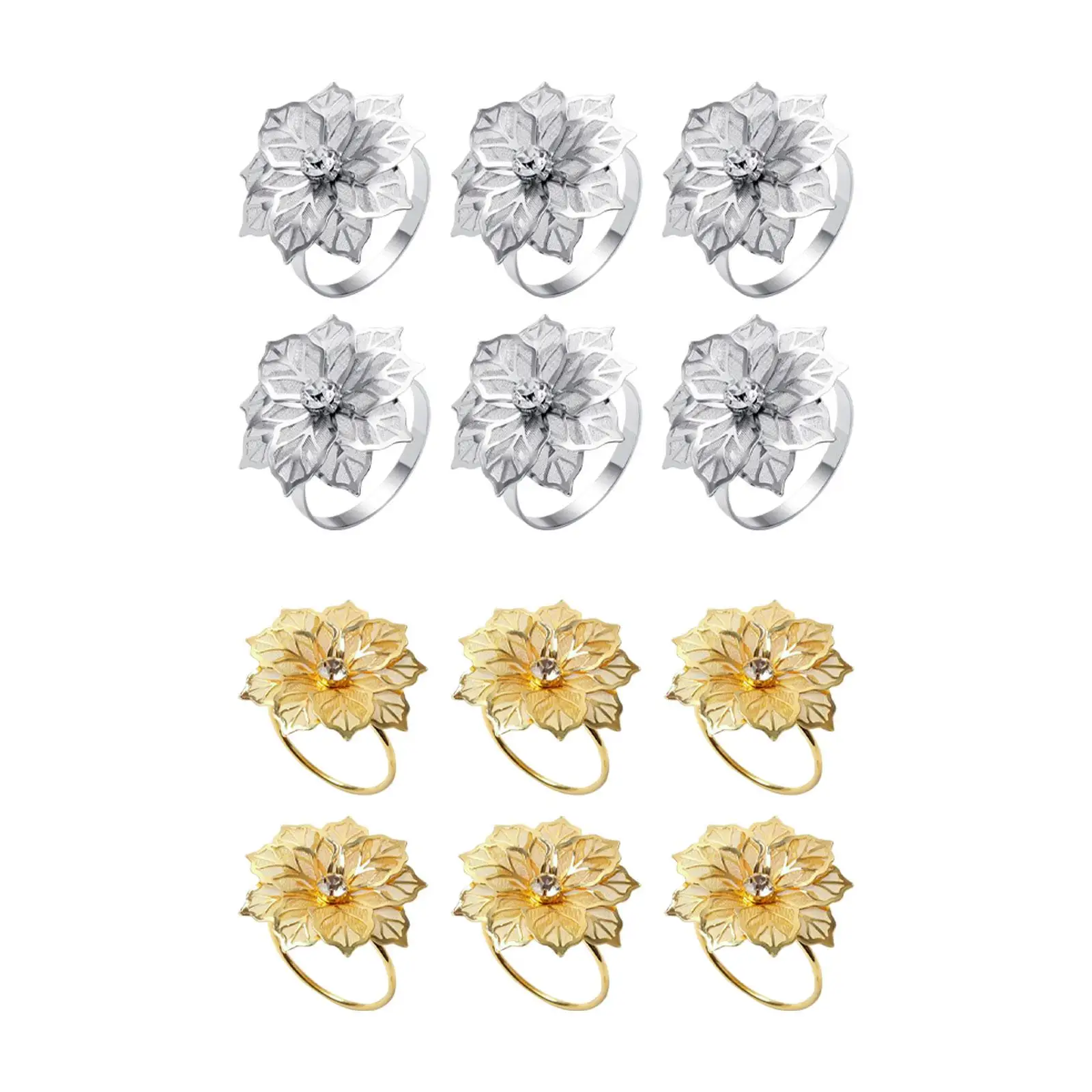 

6x Flowers Napkin Rings Ornaments Tableware Rhinestone Serviette Buckles for Restaurant Anniversary Festival Event Kitchen