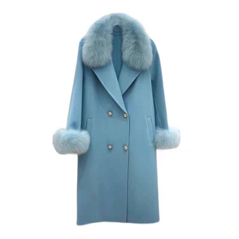 2022 New Real Fur Coat  Women Natural Fox Fur Collar Hooded Cashmere Wool Blends Long Outerwear Streetwear Winter Jacket enlarge