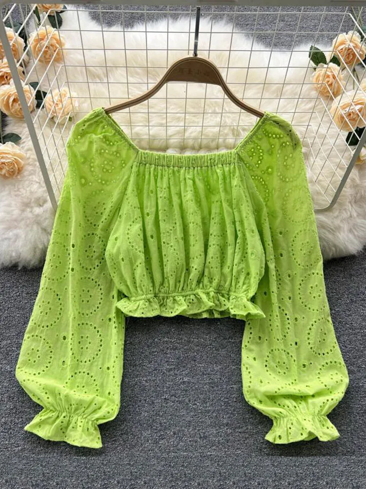 

Новинка Весна 2022, милая блузка, французская рубашка на одно плечо с квадратным воротником, плиссированная облегающая короткая блузка, женск...