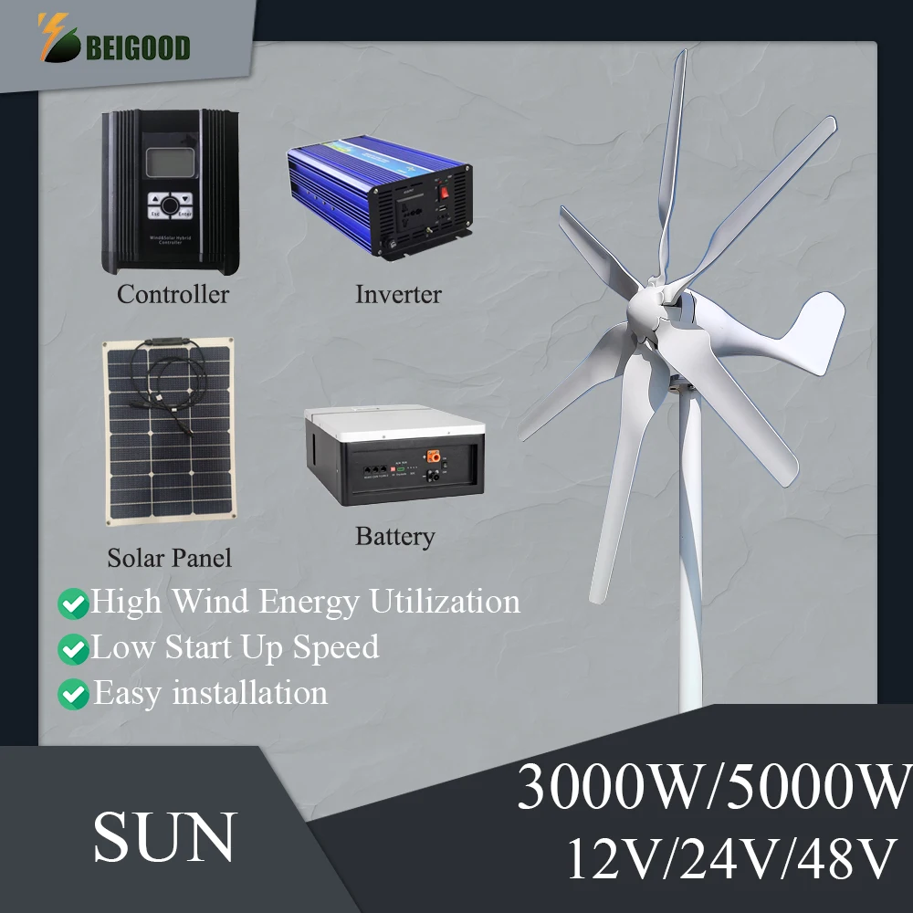 

3000W 5000W 12V 24V 48V 6 Blades Horizontal Wind Turbine Generator Windmill With MPPT Charger Controller
