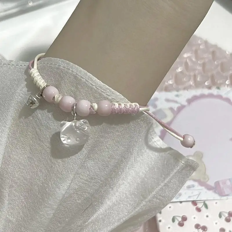 

Sanrio Bracelet Hello Kitty Cartoon Cute Pink Pendant Bracelet Pull Style Fashion Kawaii Student Hand Rope Hand Woven