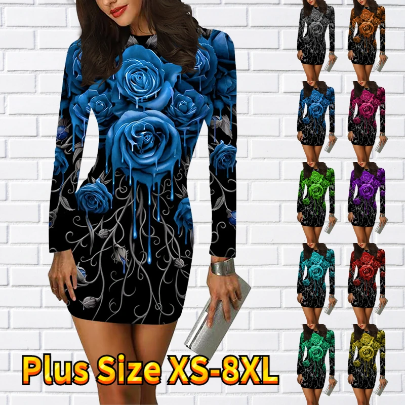 

Женская короткая юбка с длинным рукавом, облегающая юбка с цветочным принтом и круглым вырезом, Осень-зима 2022