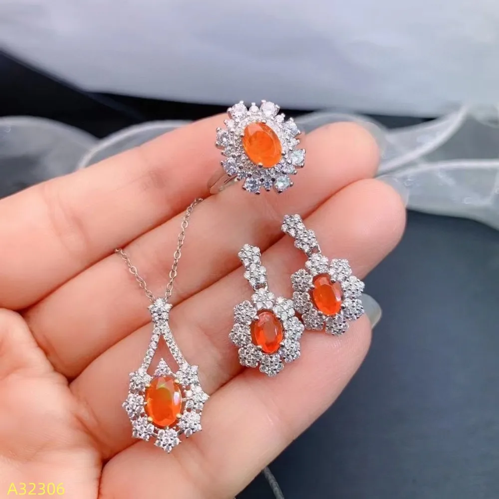 

KJJEAXCMY Brand Boutique Jewelry 925 Sterling Silver Inlaid Natural Fire Opal Gem Women's Set Party Gift Girl's Birthday and Ne