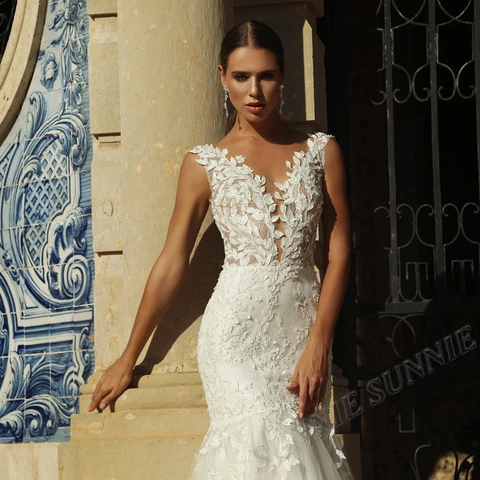 Fishtail Wedding Dress For Women 2023 Bride Mermaid Sleeveless Lace Appliques Bridal gown Boho Custom Made Vestidos De Novia