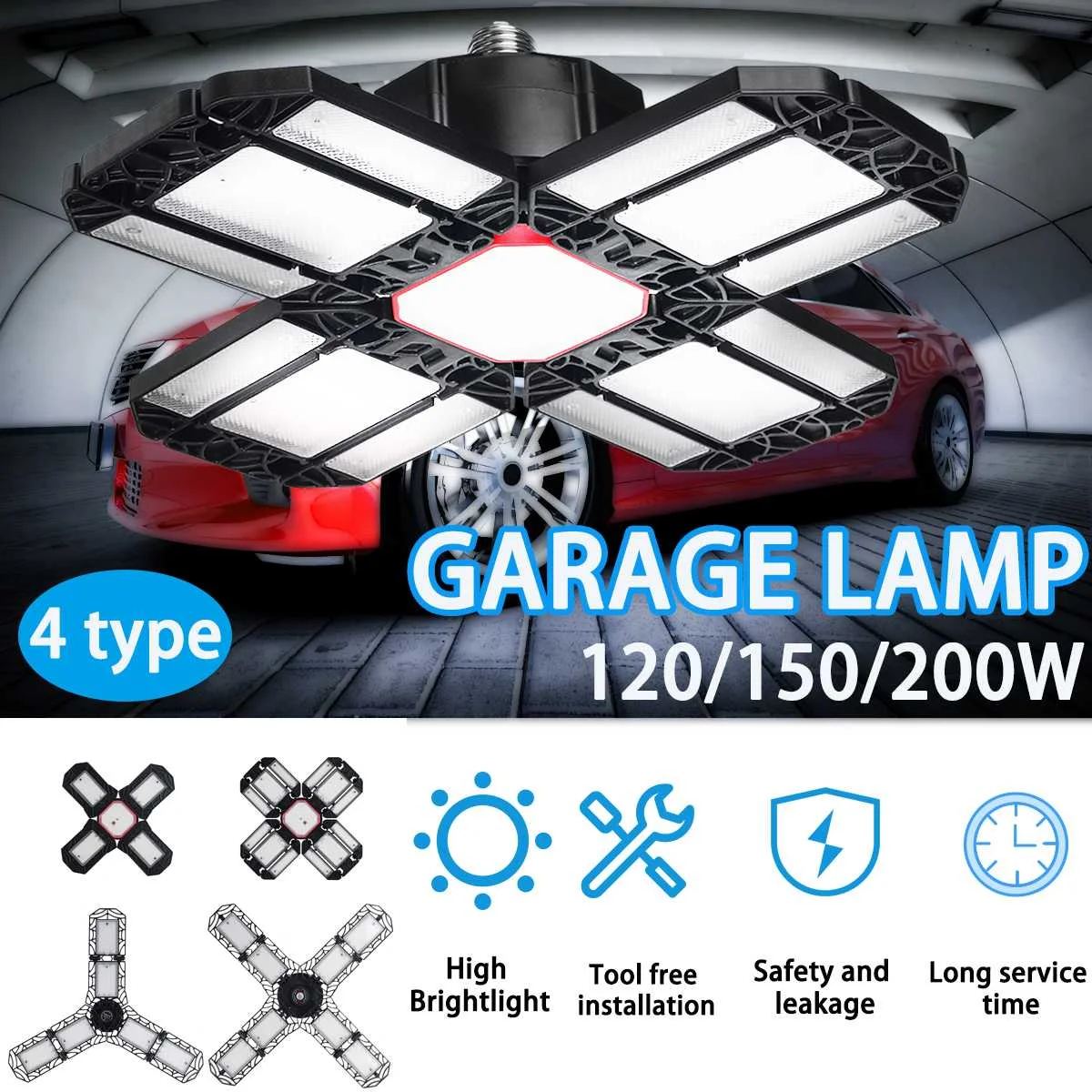 

120/150/200W Garage Light Deformable Foldable Garage Ceiling Lamp Large Light-emitting Surface For Garage Warehouse Parking Lot