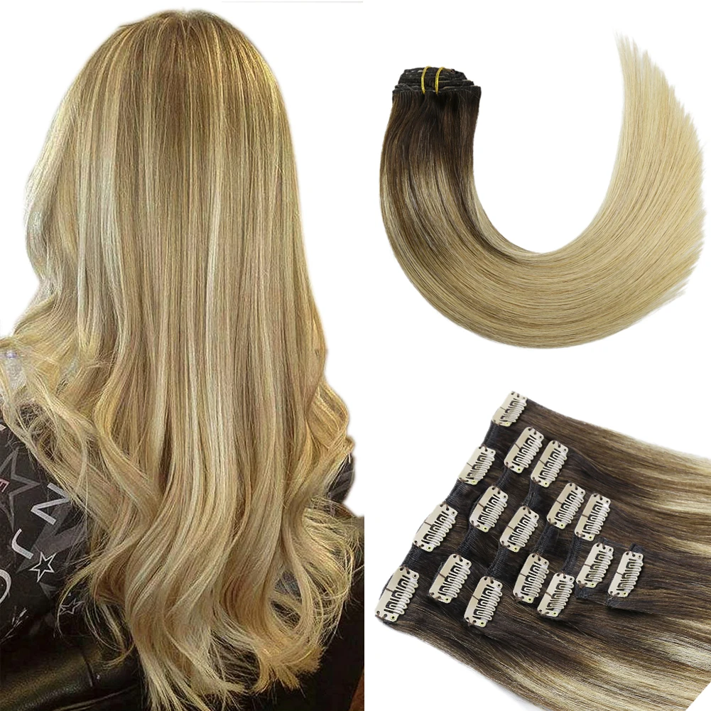 

YSG HAIR 7PCS Clip in Human Hair Extensions Remy Weft Hair Ombre Balayage Color Clip-in Brown to Blonde Hair Extensions 120g