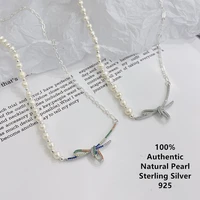 sterling crystal ribbon bow pendant pearl silver chain asymmetric joyas de plata collier perle argent 925 mujer initial necklace