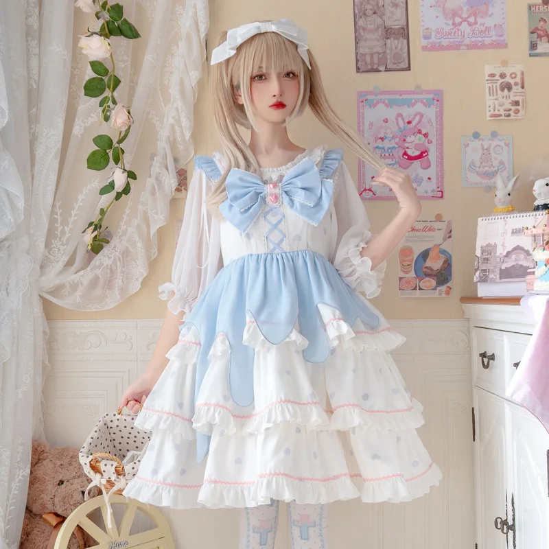 lolita lush dress Women Kawaii Bow Bear Lace Blue Dress Long Sleeve Princess Dress Halloween Costume Gift For Girls
