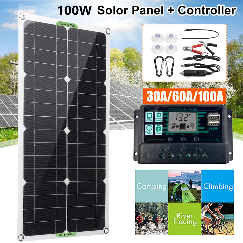 

100W Solar Panel Kits 12V/24V with 30A/60A/100A Controller Solar Cell Dual USB for Car Yacht RV Boat Mobile Phone Battery Charge