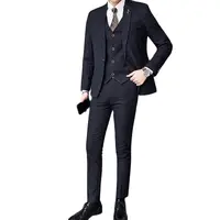 (Blazer + Pants + Vests) Brand Men Plaid Striped Suit 3 Pieces Autumn Winter Business Wedding Party Tuxedo Dress Black/Grey/Blue