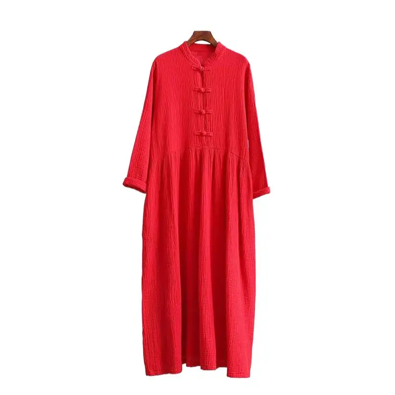 

2022 Autumn Women Solid Long Dress Chinese Style Mandarin Collar Button Cotton Maxi Dress Vestidos Red Black Plus Size L-7XL
