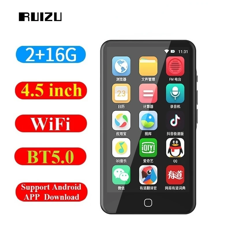 Newest RUIZU H5 Android WiFi MP4 Player Bluetooth5.0 Full Touch Screen 4.5inch 16GB Music Video With FM Recording E-book |