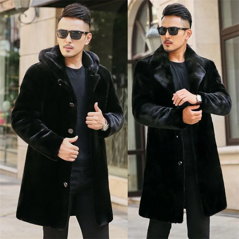 

Hooded autumn faux mink leather jacket mens winter thicken warm fur leather coat men slim jackets fashion black 6XL