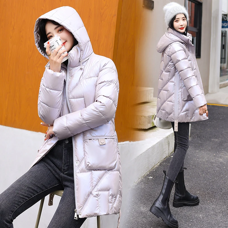 Fashion Women Jacket 2022 New Winter Parkas Female Glossy Down Cotton Jackets Hooded Casual Warm Parka Coat Female Outwear