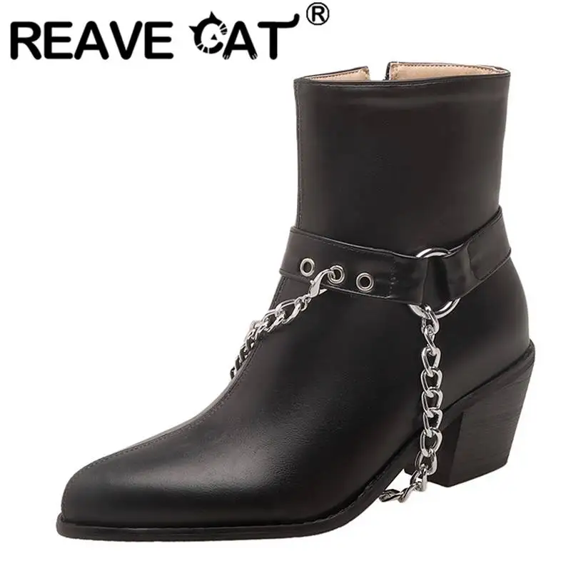 

REAVE CAT Ladies Mid Calf Boots 13.5cm Pointed Toe Chunky Heels 6cm Zipper Chain Plus Size 46 47 48 Street Shoes Female Booties