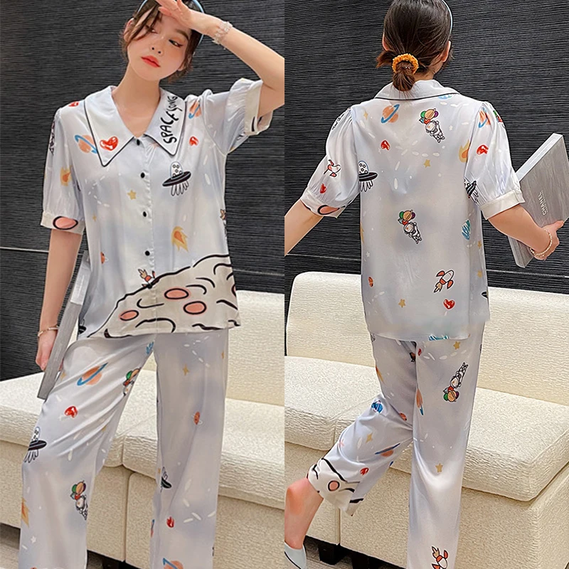 

Short Sleeve Shirt Pant Pajamas Set Nightwear Sleep Suit Lapel Homewear Silk Home Clothes Casual Printing Summer Sleepwear