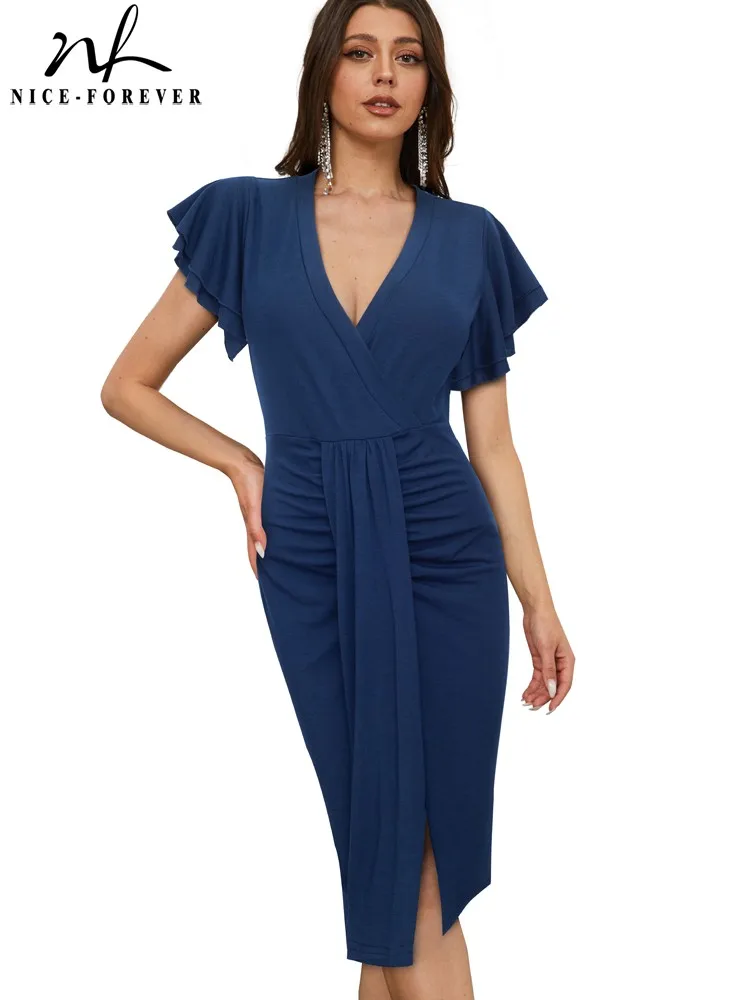 Женское платье с оборками Nice-forever элегантное винтажное деловое облегающее низким