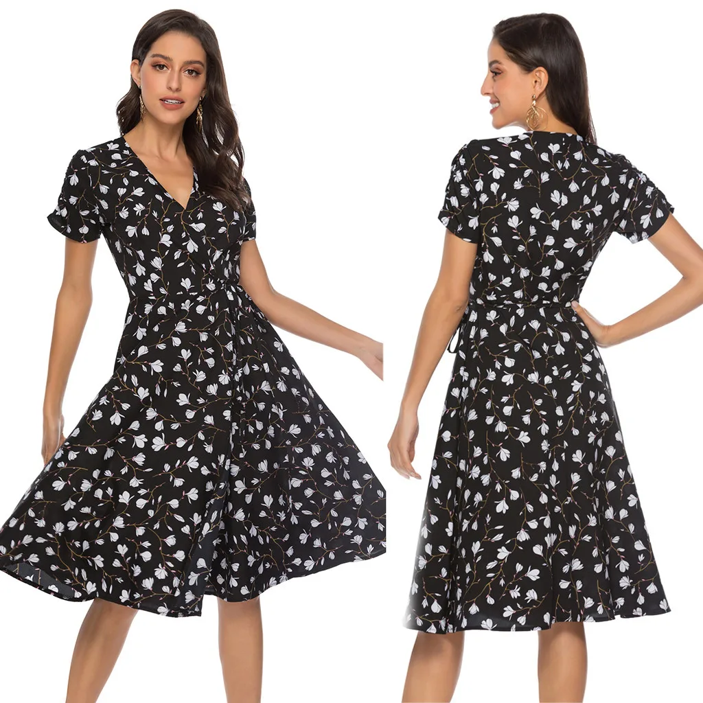 

Женское платье-макси с цветочным принтом, V-образным вырезом и коротким рукавом