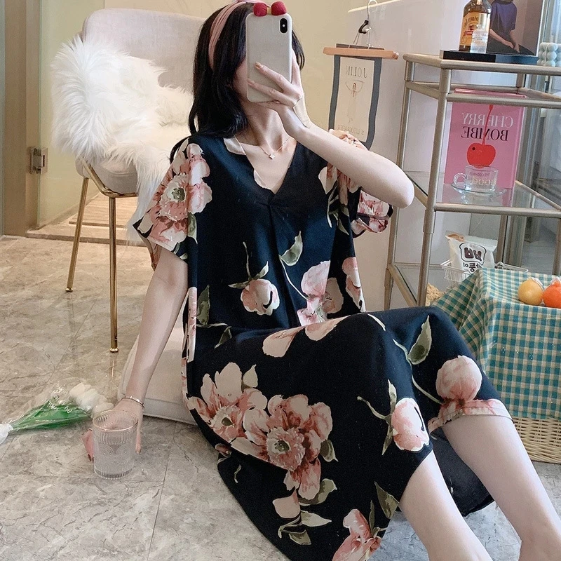 Floral Print Women Nightie Knee Length V Neck Short Sleeve Summer Thin Ladies Nightgowns Home Clothes Sleepwear for Female