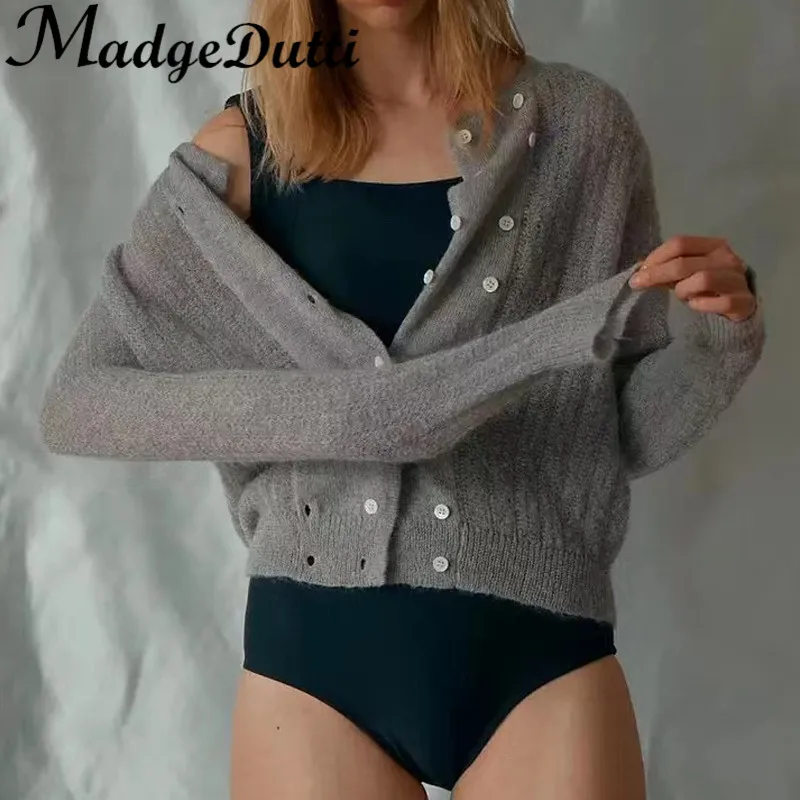 

9.23 MadgeDutti Mohair Vintage O-Neck Shoulder Pad Double Breasted Knit Cardigan Women