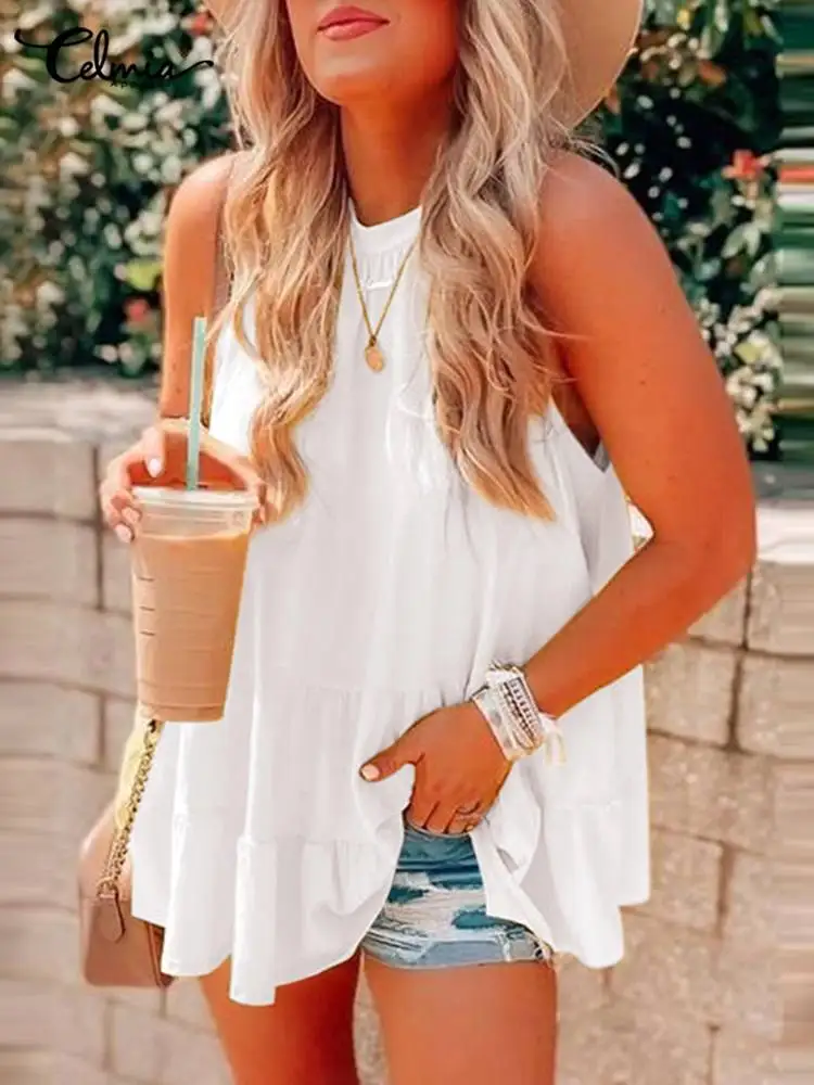 

Женская универсальная майка Celmia с вышивкой, праздничный однотонный топ без рукавов, Уличная Повседневная Туника с круглым вырезом, лето 2022