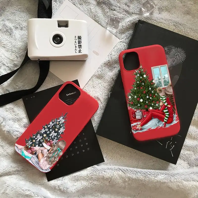 

Merry Christmas Brown Hair Girl Phone Case Candy Color for iPhone 6 7 8 11 12 13 s mini pro X XS XR MAX Plus