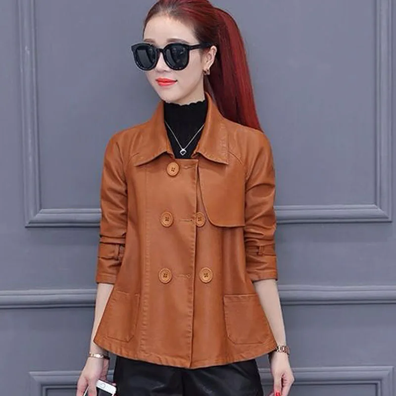 1pcs Womens Short PU Leather Jackets Coat 2022 Autumn New Faux Fur Double-Breasted Splicing Ladies Skinny Locomotive Small Coats