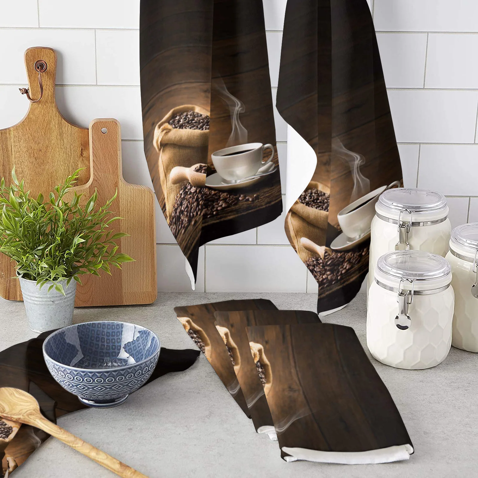 

Кофейная чашка, кофейные зерна, кухонное полотенце из микрофибры, посуда, столовая посуда, полотенца для кухни