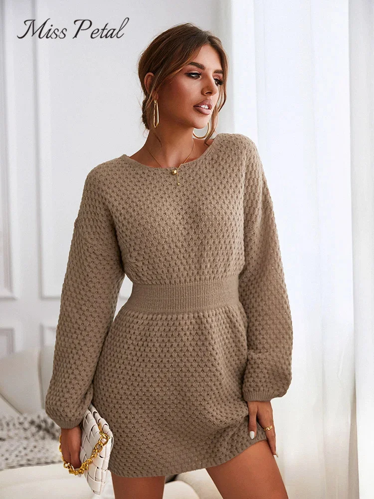 

Трикотажное коричневое платье-свитер MISS PETAL в виде сот, женское повседневное длинное платье-свитер с длинным рукавом, осенне-зимние пуловеры, верхняя одежда, 2023