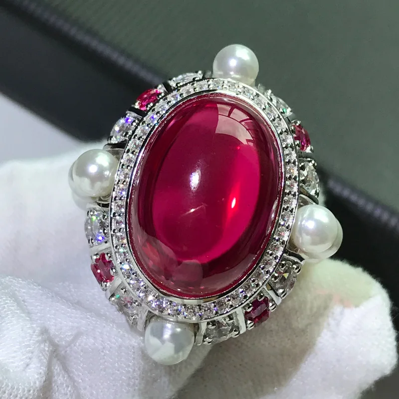 

Hot Selling Jewelry Gao Ding 925 Sterling Silver Fine Inlaid Red Corundum Vintage Oval Pearl 16 Carat Luxury Ring For Women