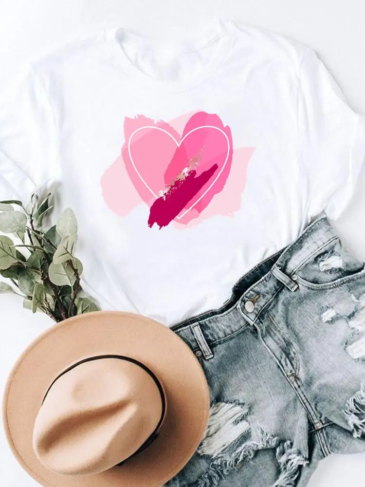 

Print Summer Graphic Tee Fashion Short Sleeve Clothes Watercolor Love Heart [ Sweet Women Clothing T Female Casual T-shirts