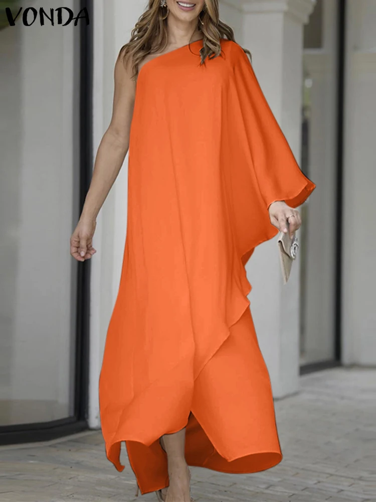 

Летнее асимметричное Макси-платье VONDA на одно плечо, женский элегантный женский сарафан 2023, модное однотонное длинное платье с косым воротником и оборками