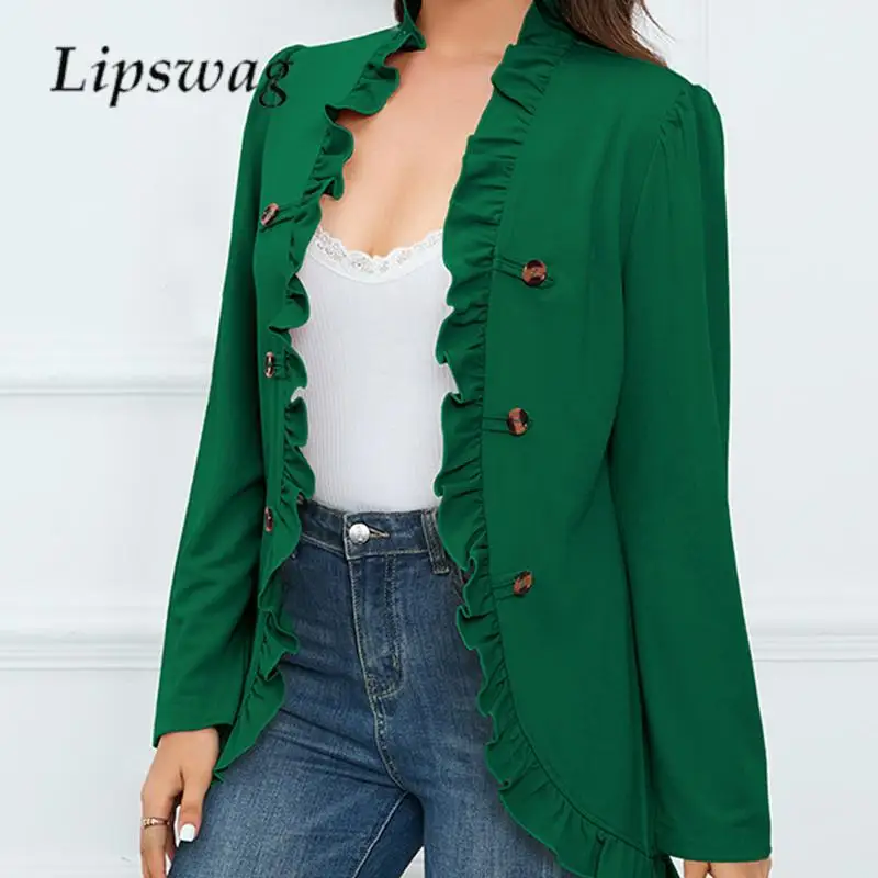 

Fashion Women Solid Color Blazers French Pleated Ruffles Cardigan Jacket All-match Ladies Double Breasted Long Sleeve Coats 2023