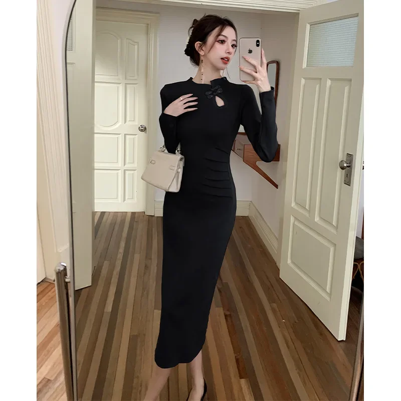 Элегантный свитер длинное платье осень/зима вязаный винтажный новый китайский