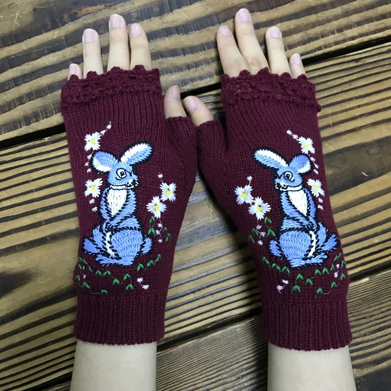 

Women Fingerless Mittens Half Finger Gloves Rabbit Embroidery Winter Arm Warmers for Cold Weather Accessories