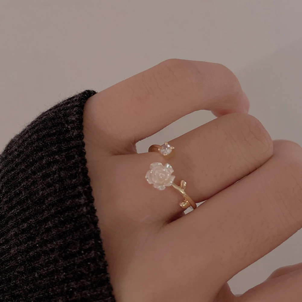 

Luxury Zircon Flower Opening Rings For Women Cubic Zirconia Rose Cherry Blossom Adjustable Finger Ring Wedding Jewelry